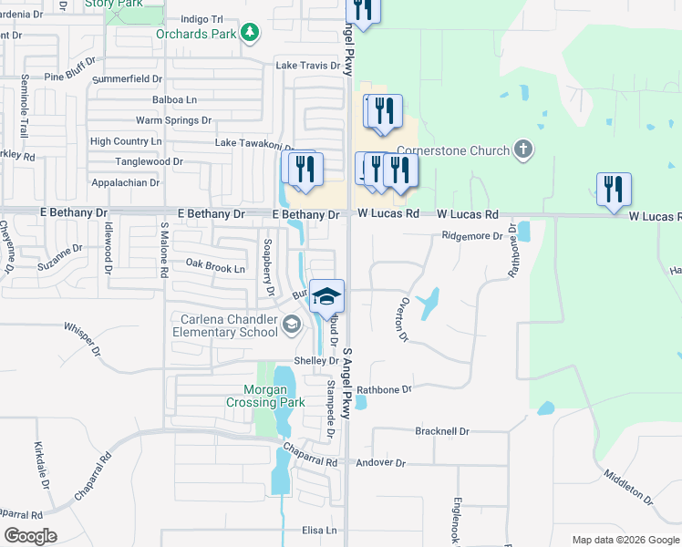 map of restaurants, bars, coffee shops, grocery stores, and more near 1830 Bur Oak Drive in Allen