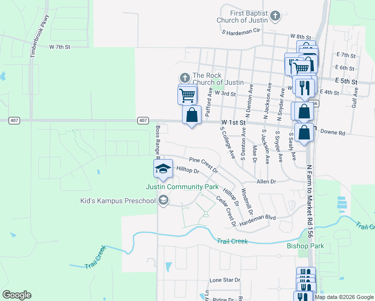 map of restaurants, bars, coffee shops, grocery stores, and more near 279 Pine Crest Drive in Justin
