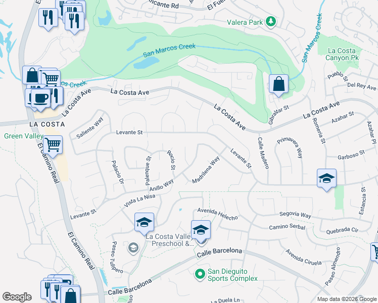 map of restaurants, bars, coffee shops, grocery stores, and more near 7761 Anillo Way in Carlsbad