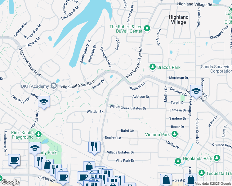 map of restaurants, bars, coffee shops, grocery stores, and more near 444 Moran Drive in Highland Village
