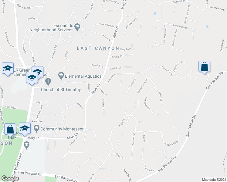 map of restaurants, bars, coffee shops, grocery stores, and more near 2638 Puebla Street in Escondido