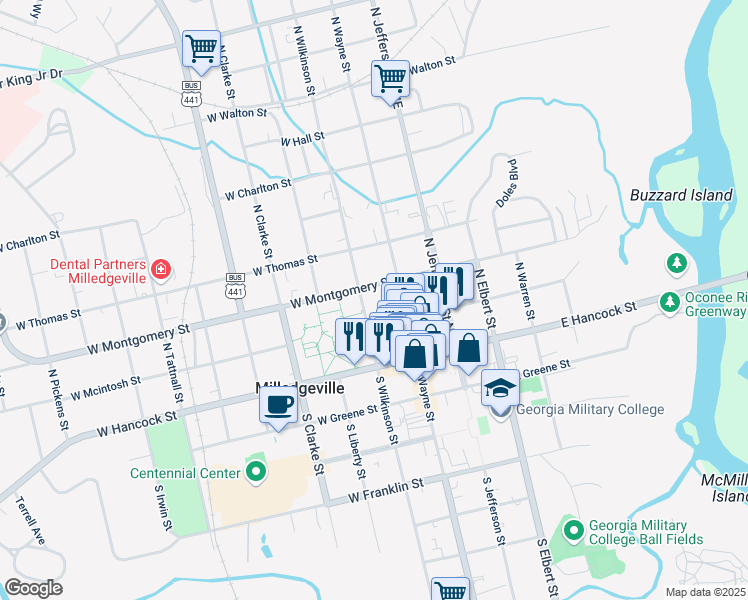 map of restaurants, bars, coffee shops, grocery stores, and more near 250 West Montgomery Street in Milledgeville