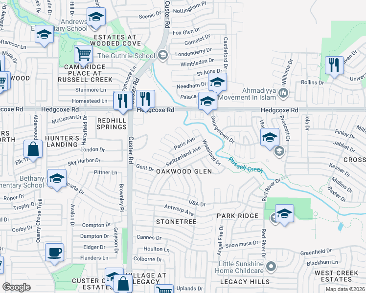 map of restaurants, bars, coffee shops, grocery stores, and more near 7804 Hamburg Court in Plano