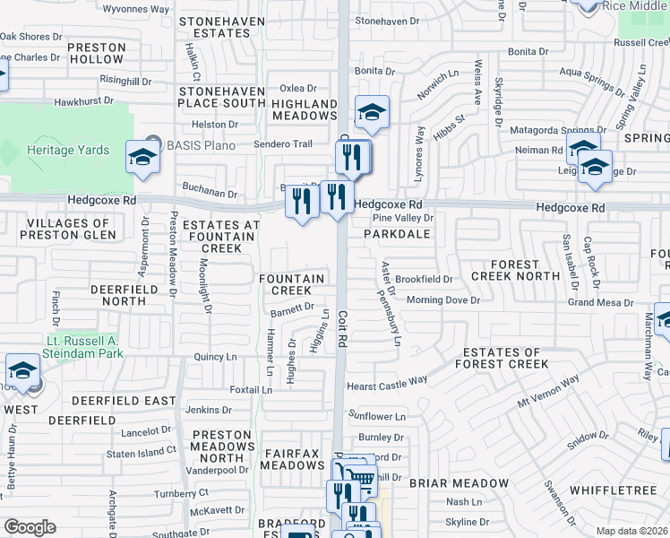 map of restaurants, bars, coffee shops, grocery stores, and more near 7801 Coit Road in Plano