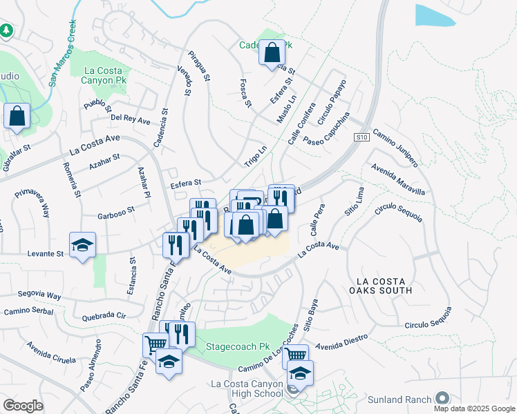map of restaurants, bars, coffee shops, grocery stores, and more near 3446 Via Mercato in Carlsbad