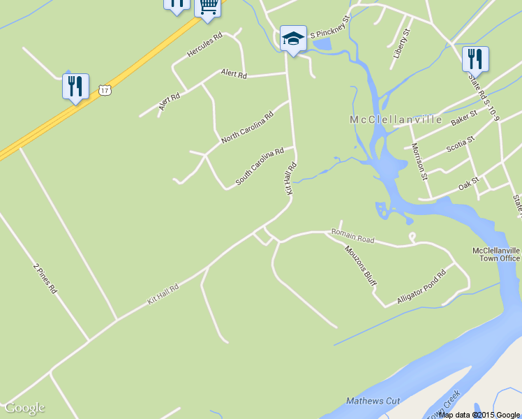 map of restaurants, bars, coffee shops, grocery stores, and more near 711 Kit Hall Road in McClellanville