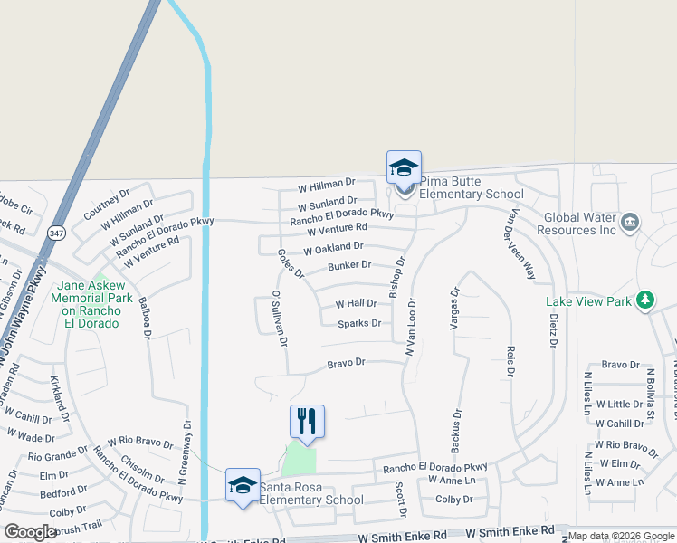 map of restaurants, bars, coffee shops, grocery stores, and more near 42545 West Oakland Drive in Maricopa