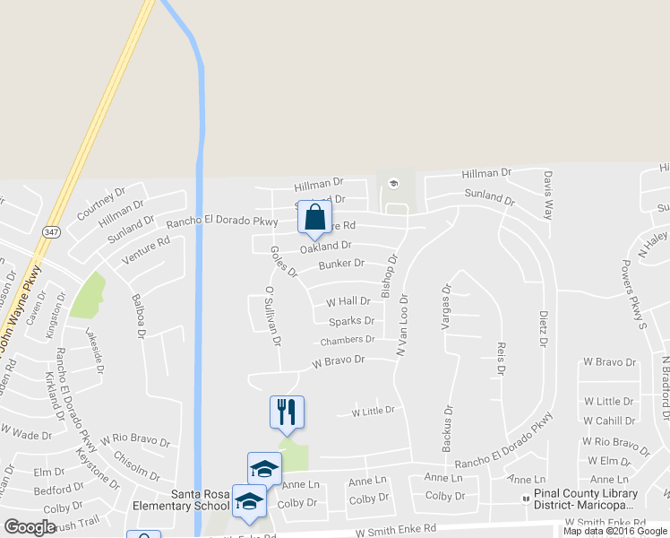 map of restaurants, bars, coffee shops, grocery stores, and more near 42497 West Bunker Drive in Maricopa