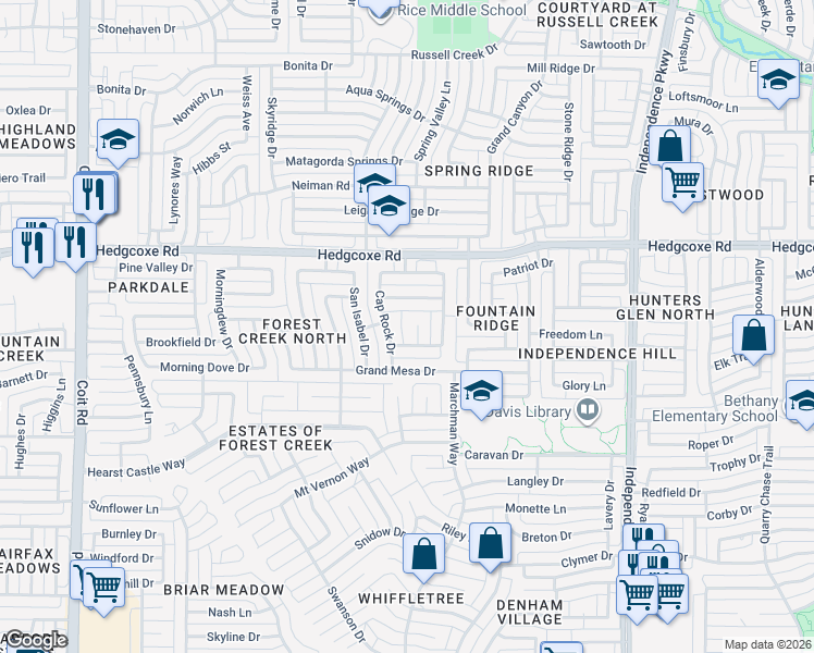 map of restaurants, bars, coffee shops, grocery stores, and more near 3420 Black Canyon Drive in Plano