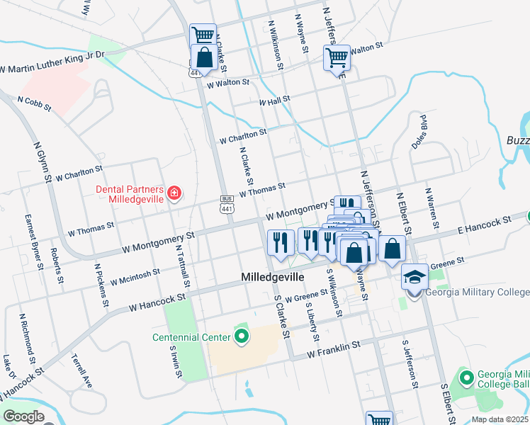 map of restaurants, bars, coffee shops, grocery stores, and more near 331 West Montgomery Street in Milledgeville