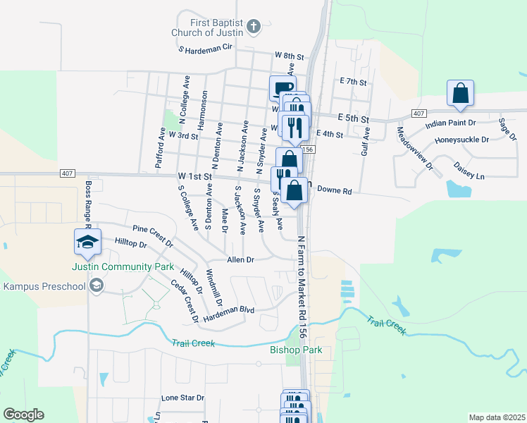 map of restaurants, bars, coffee shops, grocery stores, and more near 204 Sealy Avenue in Justin
