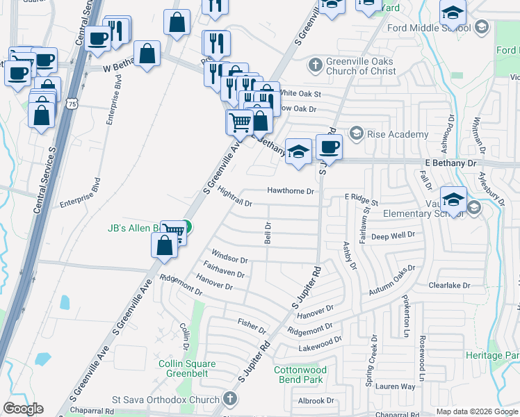map of restaurants, bars, coffee shops, grocery stores, and more near 515 Hightrail Drive in Allen
