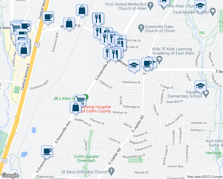 map of restaurants, bars, coffee shops, grocery stores, and more near 512 Hightrail Drive in Allen