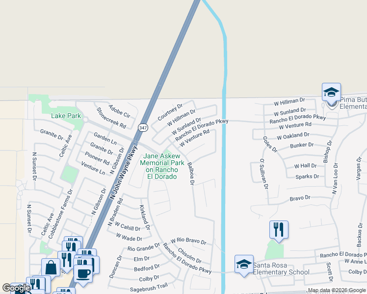 map of restaurants, bars, coffee shops, grocery stores, and more near 43345 Venture Lane in Maricopa