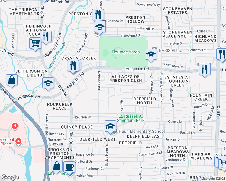 map of restaurants, bars, coffee shops, grocery stores, and more near 4597 Kentucky Drive in Plano