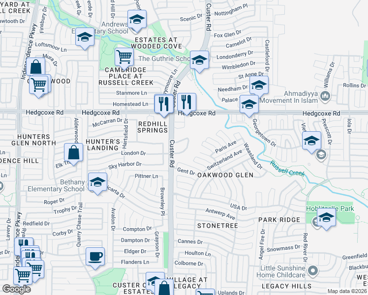 map of restaurants, bars, coffee shops, grocery stores, and more near 2104 London Drive in Plano