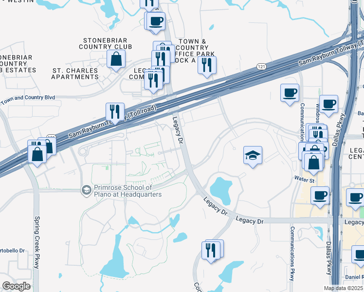 map of restaurants, bars, coffee shops, grocery stores, and more near 7950 Legacy Drive in Plano