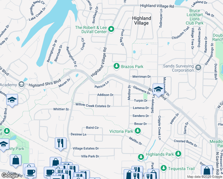 map of restaurants, bars, coffee shops, grocery stores, and more near 405 Rembert Court in Highland Village