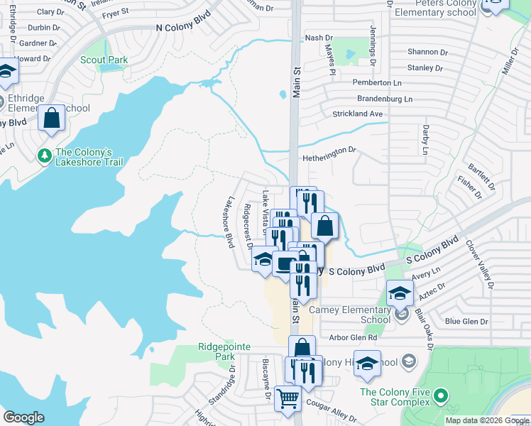 map of restaurants, bars, coffee shops, grocery stores, and more near Lake Vista Drive in The Colony