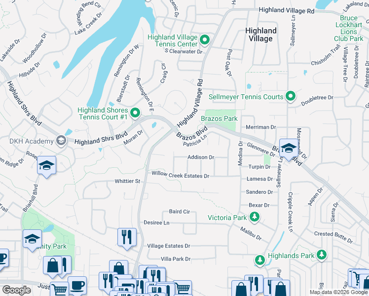 map of restaurants, bars, coffee shops, grocery stores, and more near 204 Patricia Lane in Highland Village
