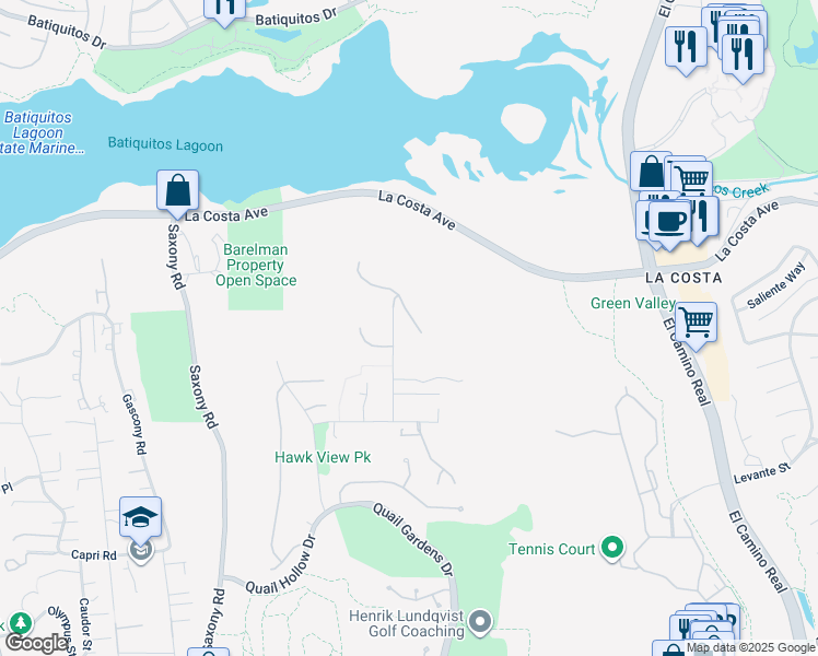 map of restaurants, bars, coffee shops, grocery stores, and more near 1650 Bella Laguna Court in Encinitas