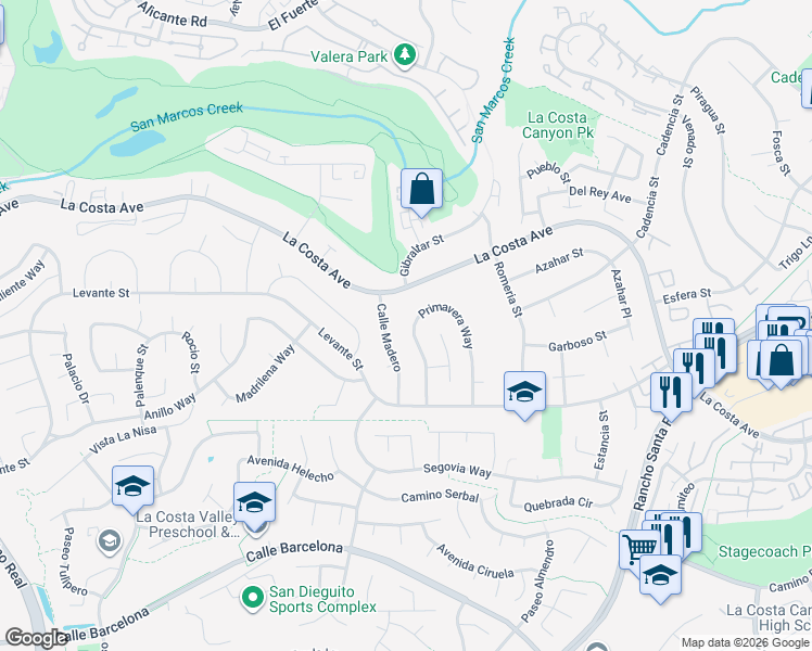 map of restaurants, bars, coffee shops, grocery stores, and more near 7607 Galleon Way in Carlsbad