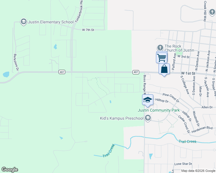 map of restaurants, bars, coffee shops, grocery stores, and more near Farm to Market Road 407 in Justin