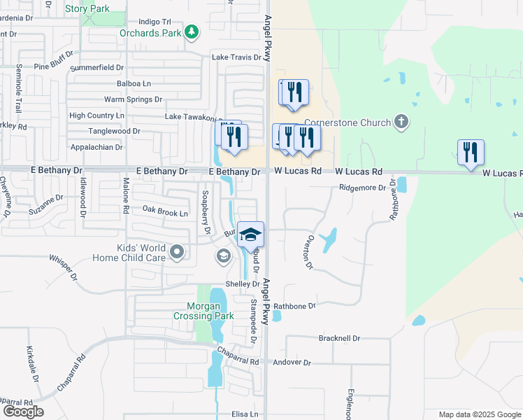 map of restaurants, bars, coffee shops, grocery stores, and more near 819 Redbud Drive in Allen