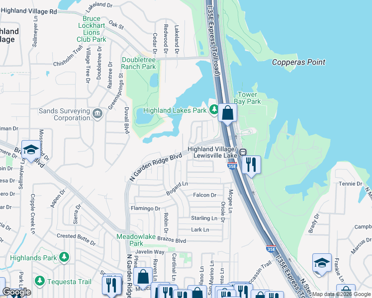 map of restaurants, bars, coffee shops, grocery stores, and more near 2303 Balleybrooke Drive in Lewisville