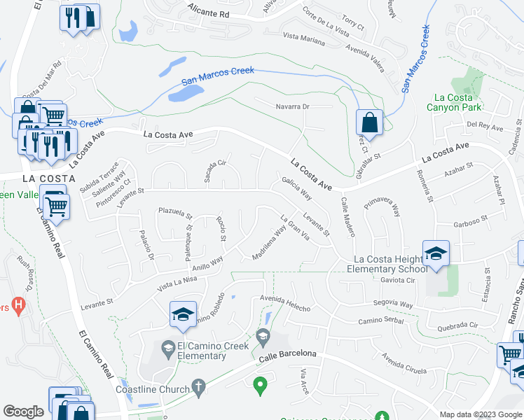 map of restaurants, bars, coffee shops, grocery stores, and more near 7722 Anillo Way in Carlsbad