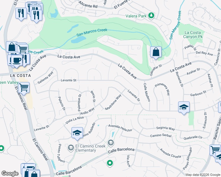map of restaurants, bars, coffee shops, grocery stores, and more near 7722 Anillo Way in Carlsbad