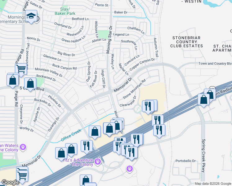 map of restaurants, bars, coffee shops, grocery stores, and more near 5813 Pinebrook Drive in The Colony
