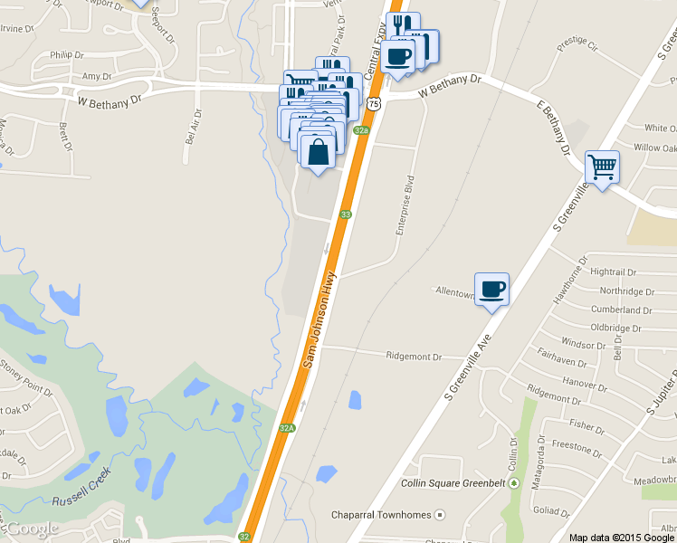 map of restaurants, bars, coffee shops, grocery stores, and more near 1105 Central Expressway in Allen