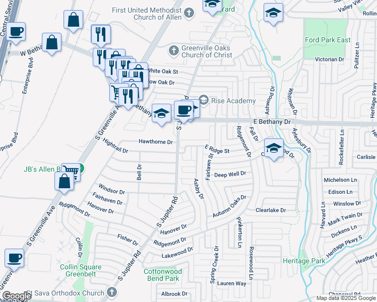 map of restaurants, bars, coffee shops, grocery stores, and more near 603 Hightrail Drive in Allen