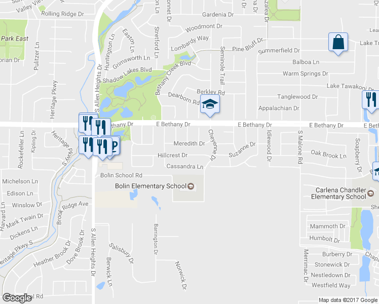 map of restaurants, bars, coffee shops, grocery stores, and more near 1319 Hillcrest Drive in Allen