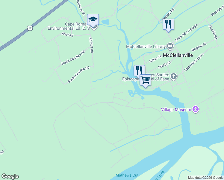 map of restaurants, bars, coffee shops, grocery stores, and more near 649 Broadmarsh Road in McClellanville