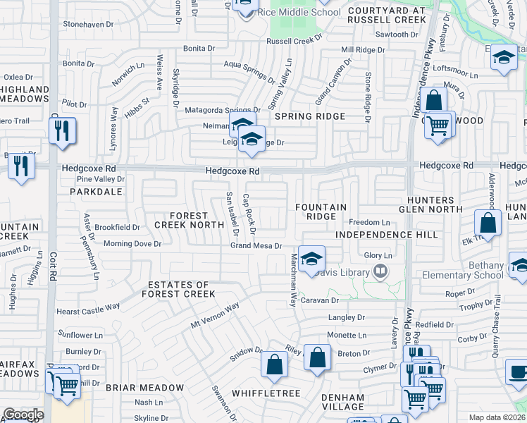 map of restaurants, bars, coffee shops, grocery stores, and more near 3420 Black Canyon Drive in Plano