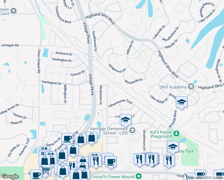 map of restaurants, bars, coffee shops, grocery stores, and more near 2434 Shetland Drive in Highland Village