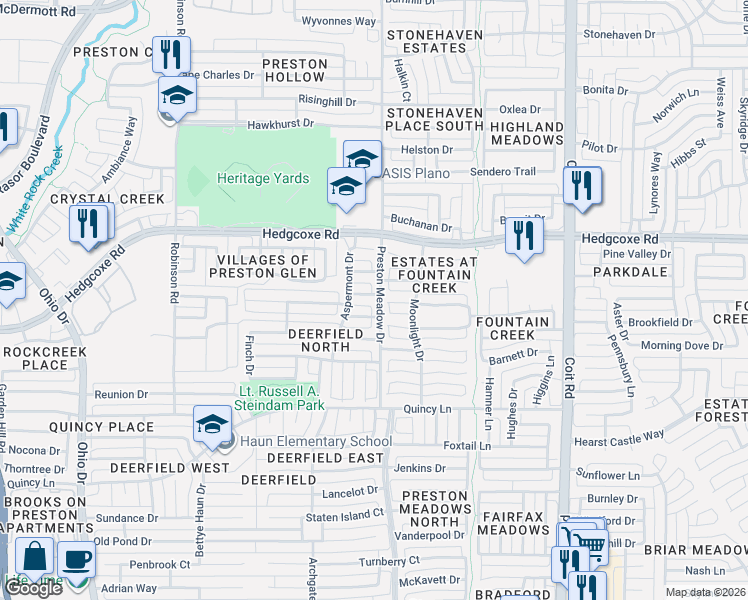 map of restaurants, bars, coffee shops, grocery stores, and more near 4501 Nightland Drive in Plano