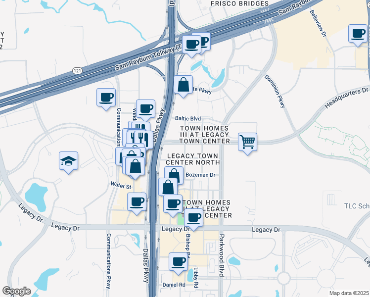 map of restaurants, bars, coffee shops, grocery stores, and more near 7850 Bishop Road in Plano
