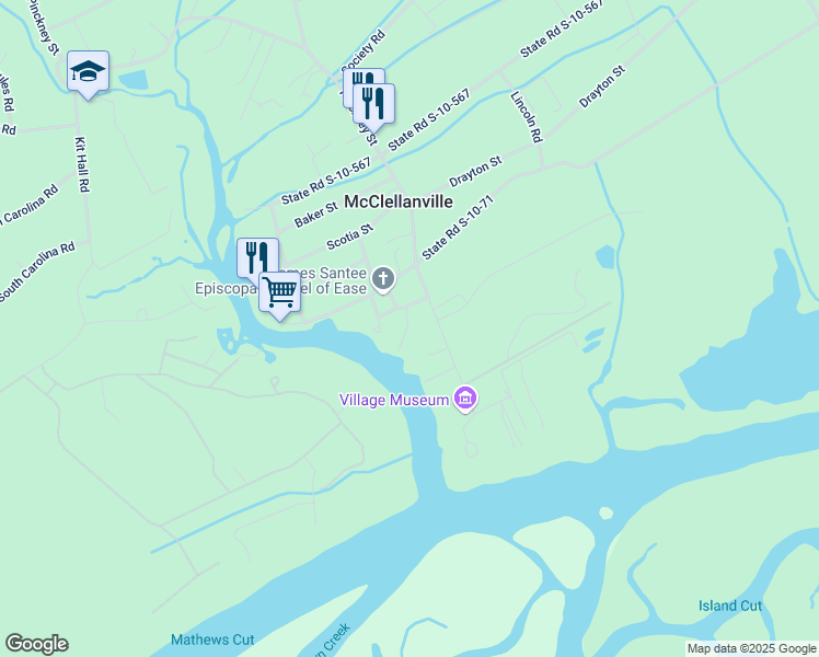 map of restaurants, bars, coffee shops, grocery stores, and more near 221 Charlotte Street in McClellanville