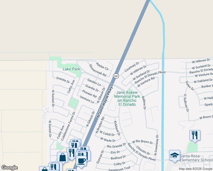 map of restaurants, bars, coffee shops, grocery stores, and more near 44032 Garden Lane in Maricopa