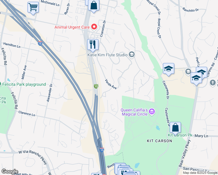 map of restaurants, bars, coffee shops, grocery stores, and more near 2835 Verda Avenue in Escondido