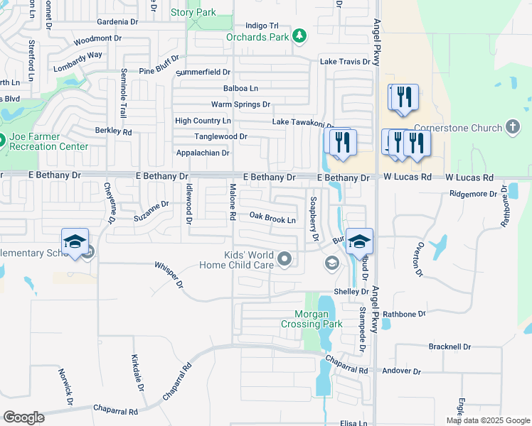 map of restaurants, bars, coffee shops, grocery stores, and more near 1621 Oak Brook Lane in Allen