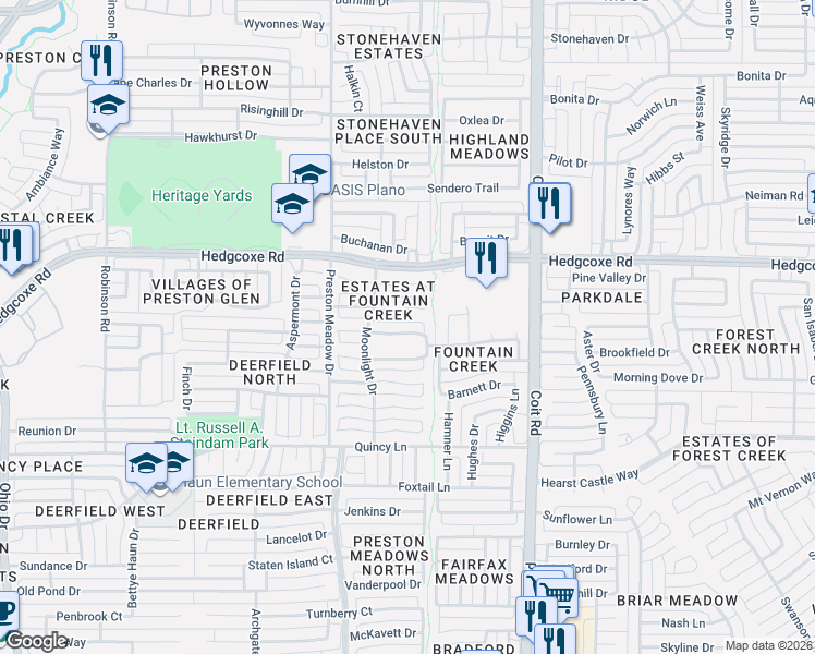 map of restaurants, bars, coffee shops, grocery stores, and more near 4324 Pearl Court in Plano