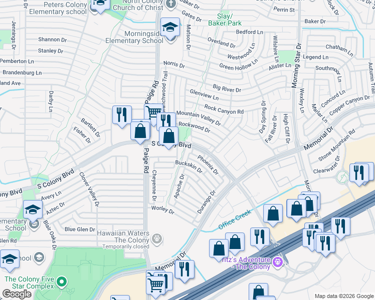 map of restaurants, bars, coffee shops, grocery stores, and more near 5500 Phoenix Drive in The Colony
