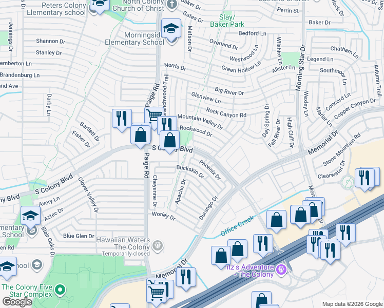 map of restaurants, bars, coffee shops, grocery stores, and more near 5500 Phoenix Drive in The Colony