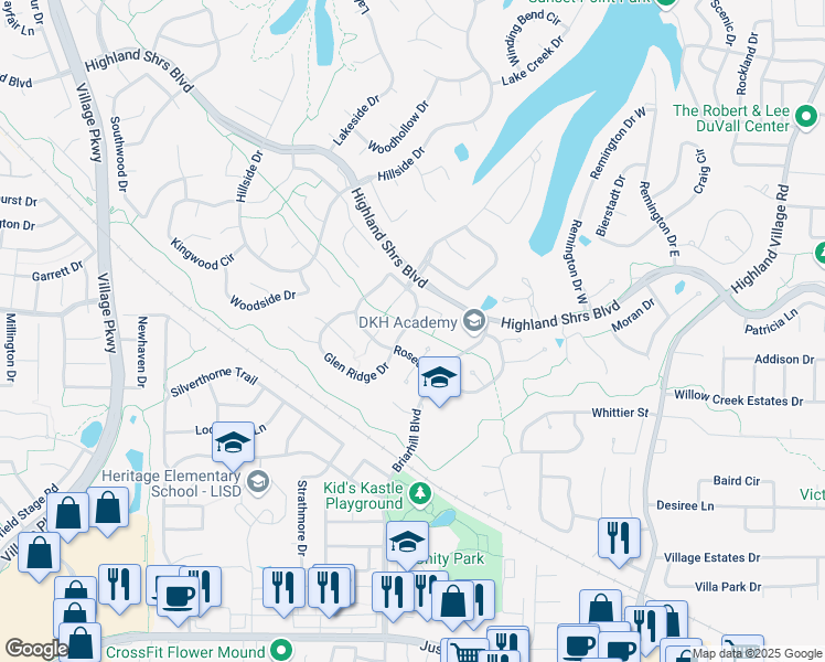 map of restaurants, bars, coffee shops, grocery stores, and more near 2475 Glen Ridge Drive in Highland Village