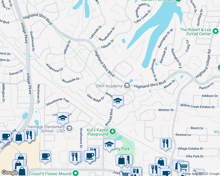 map of restaurants, bars, coffee shops, grocery stores, and more near 2475 Glen Ridge Drive in Highland Village