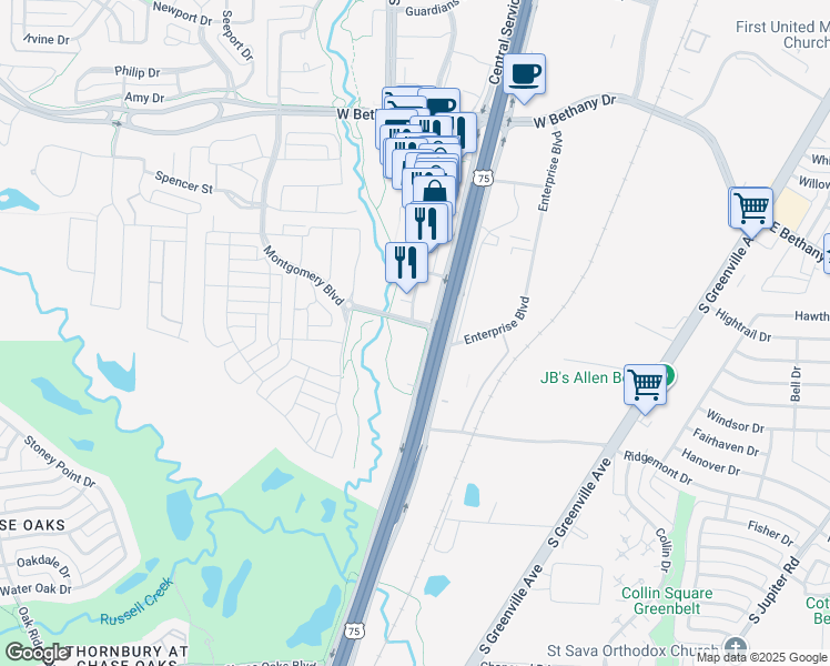 map of restaurants, bars, coffee shops, grocery stores, and more near Central Expressway in Allen